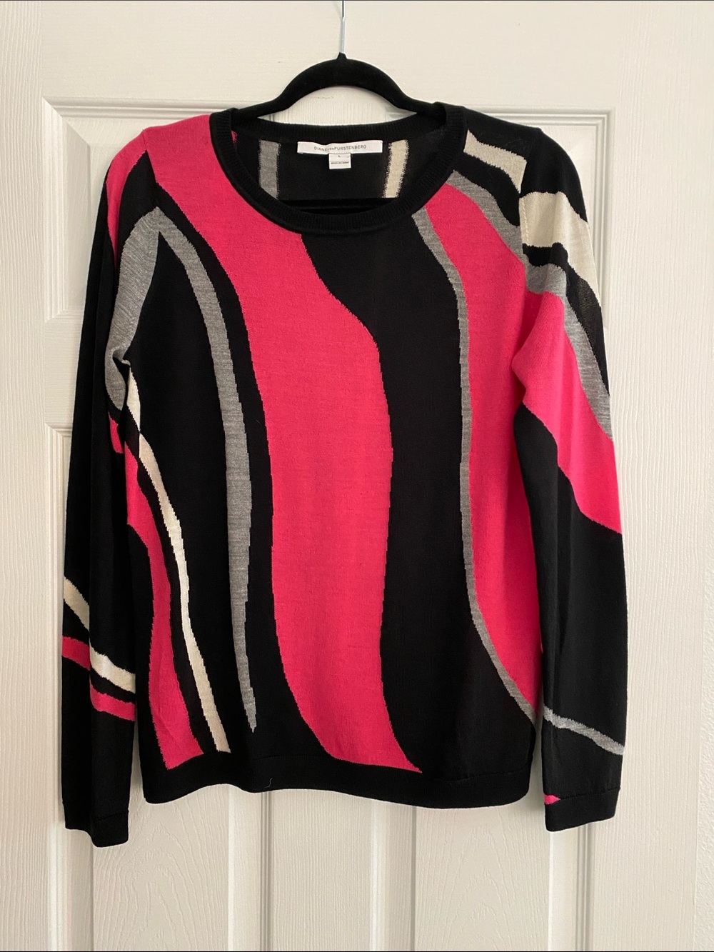 Diane Von Furstenberg Pink, Black & Gray Abstract Crewneck Sweater Size Large